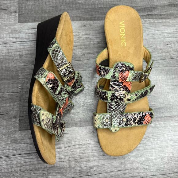 Vionic Radia Orthoic Mint Green Coral Snake Print Wedge Sandal Size 8 - Picture 1 of 9